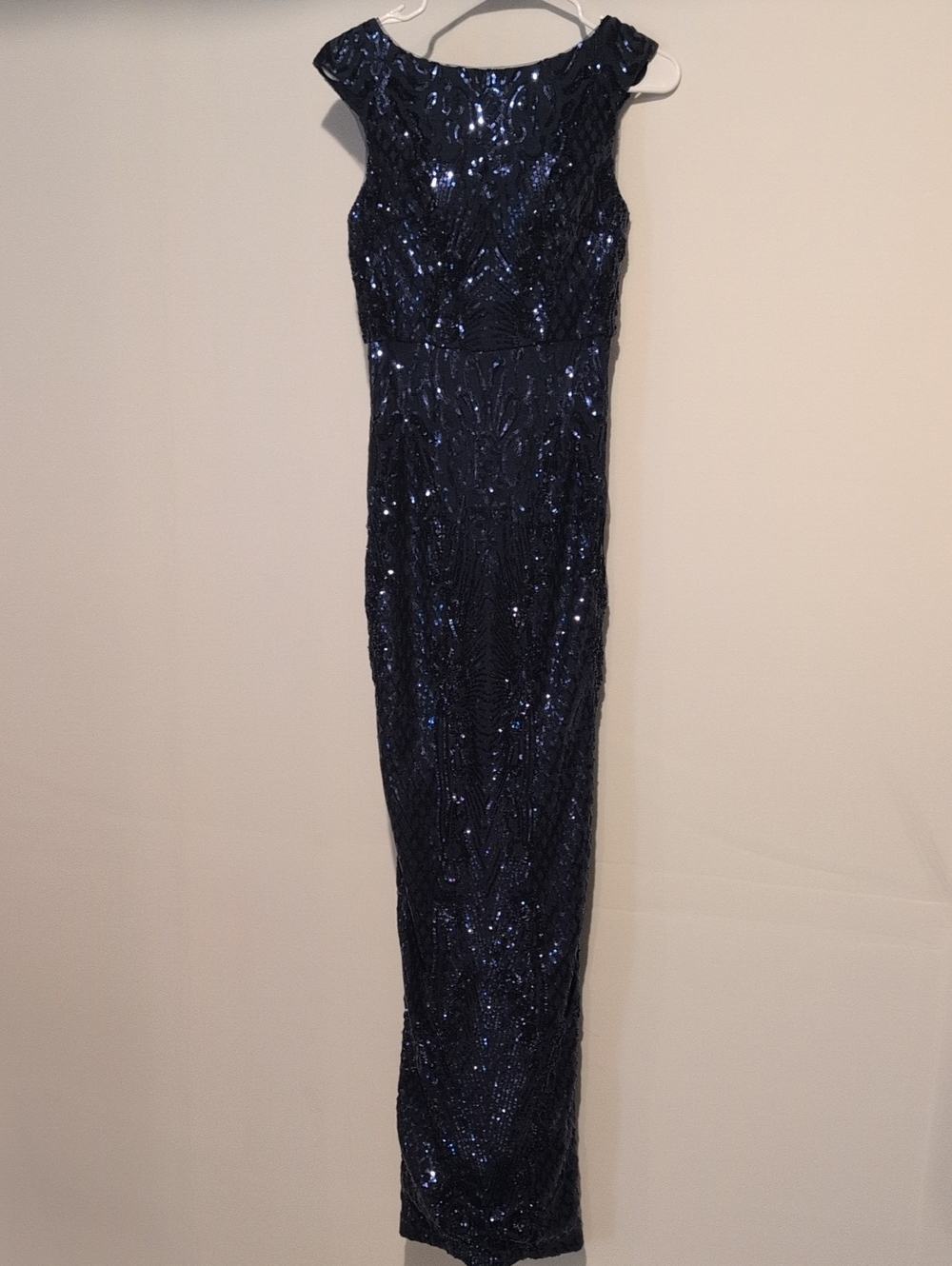 Cap-Sleeve Navy Sequin Maxi Dress